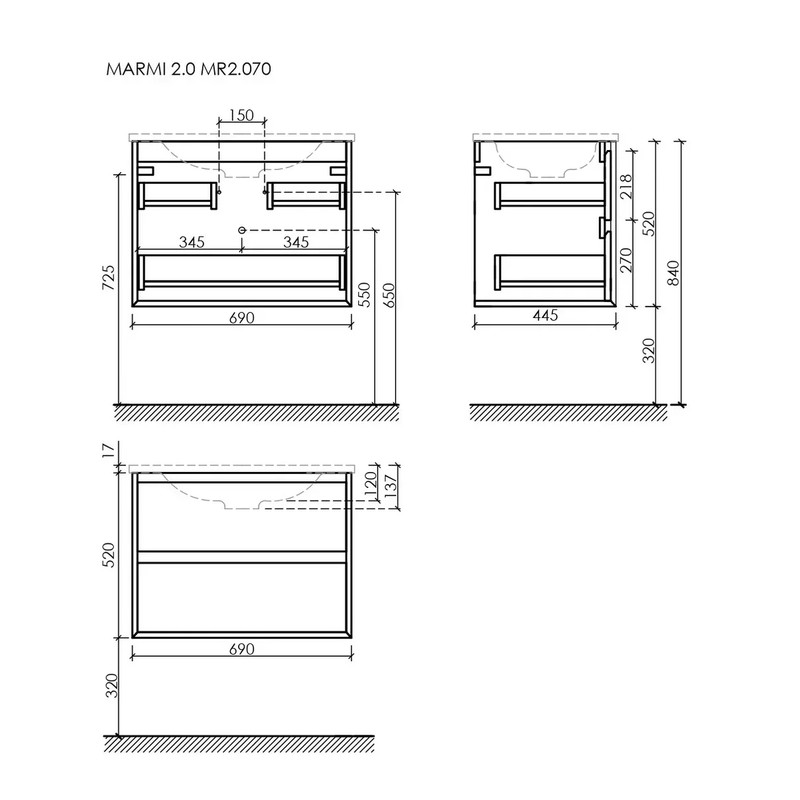 Тумба подвесная SANCOS Marmi 2.0 690х445х520 с двумя ящиками оснащенными доводчиками скрытого монтажа, дуб галифакс натуральный, арт. MR2.070EG