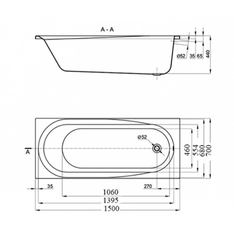 Ванна акриловая Vincea VBT-2B150, 150 x 70 см, без опоры, белый
