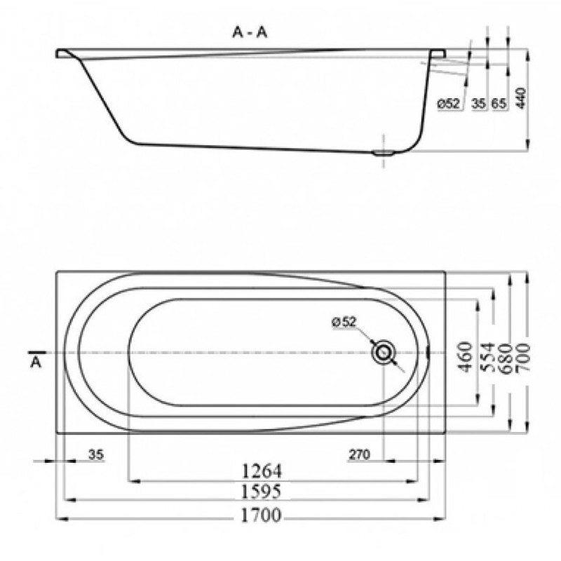Ванна акриловая Vincea VBT-2B170, 170 x 70 см, без опоры, белый