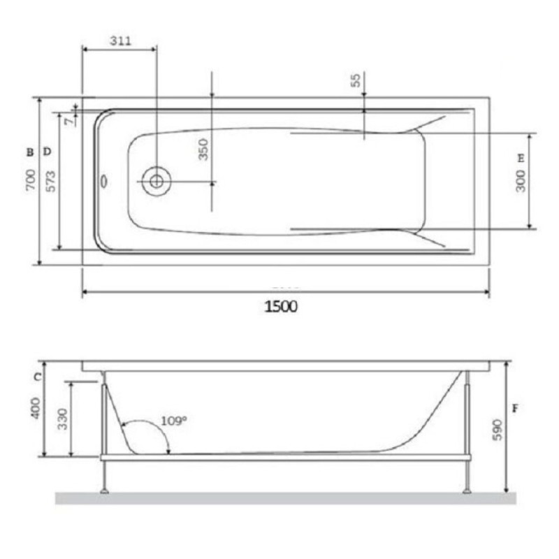 Ванна акриловая Vincea VBT-2G150, 150 x 70 см, без опоры, белый