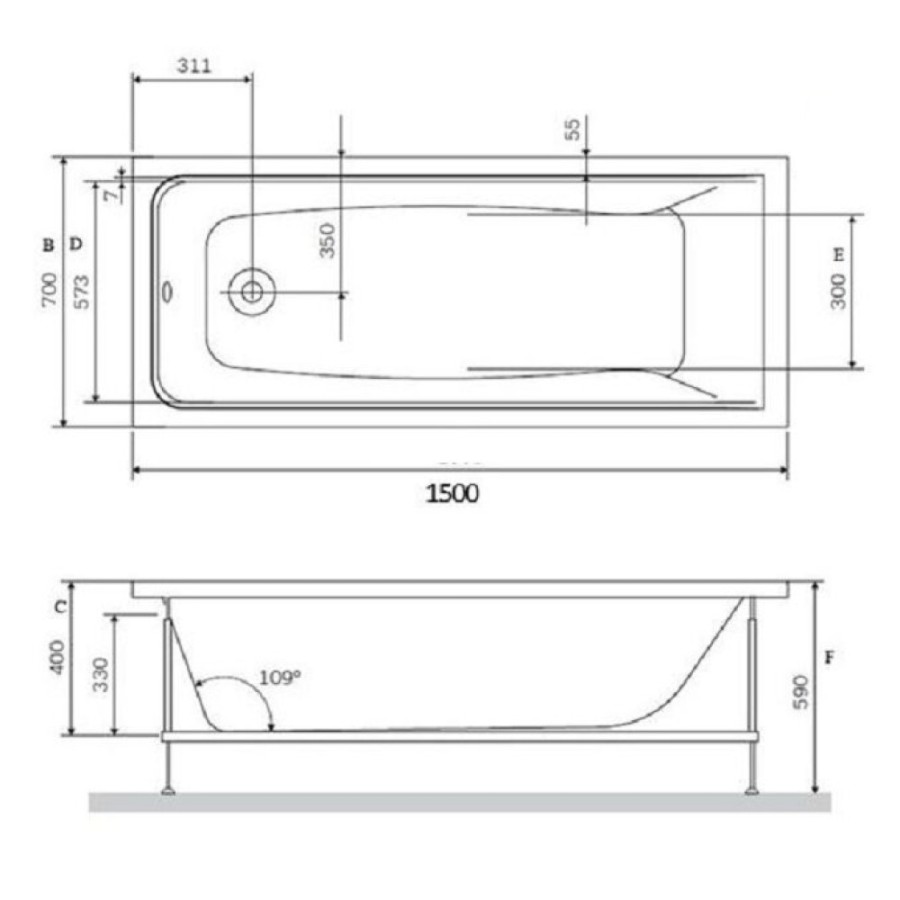 Ванна акриловая Vincea VBT-2G150, 150 x 70 см, без опоры, белый