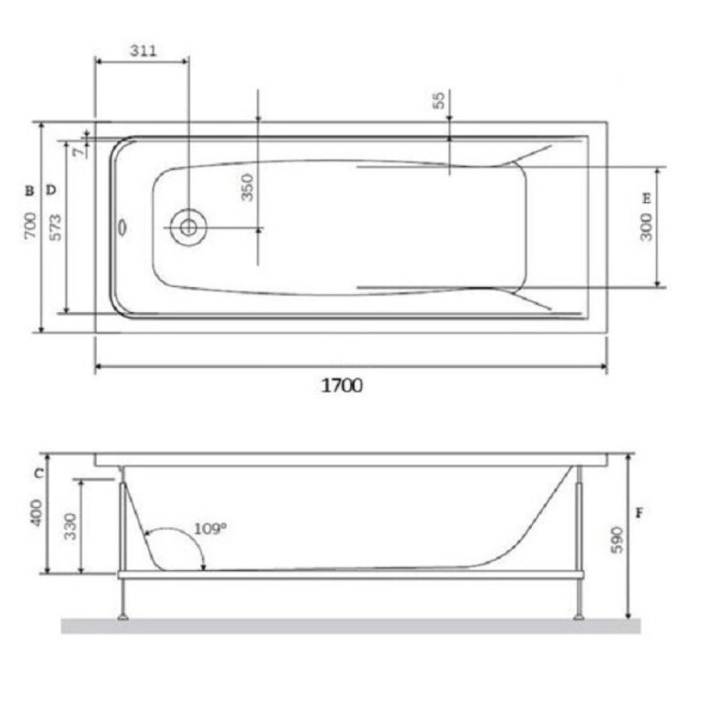 Ванна акриловая Vincea VBT-2G170, 170 x 70 см, без опоры, белый
