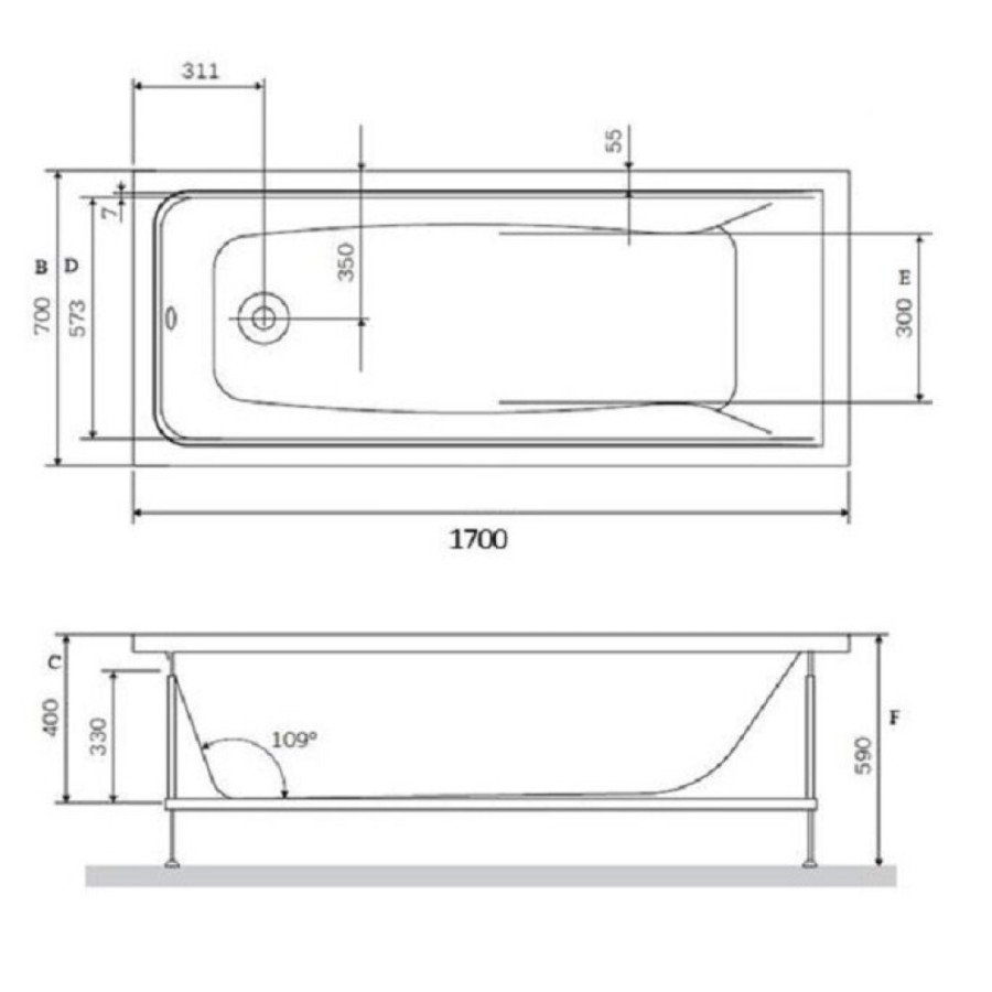 Ванна акриловая Vincea VBT-2G170, 170 x 70 см, без опоры, белый