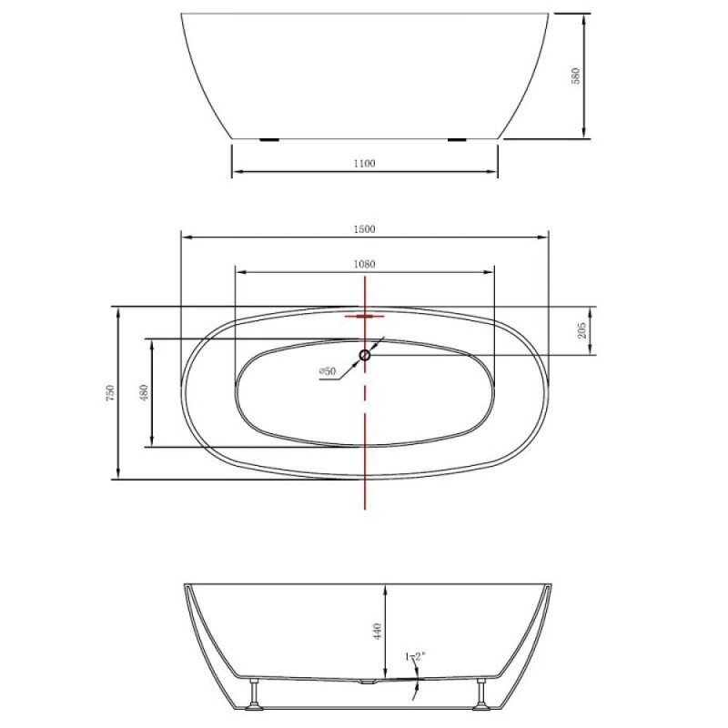 Ванна акриловая Vincea VBT-405-1500, 150 x 75 см, щелевой перелив, цвет белый