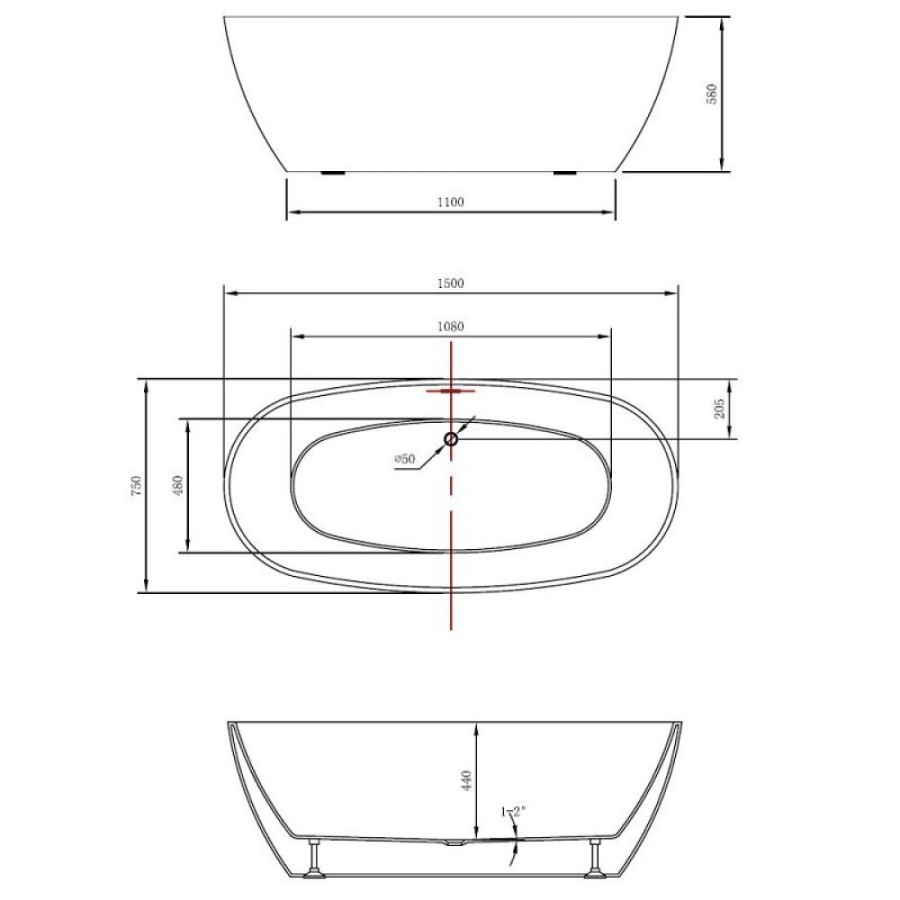 Ванна акриловая Vincea VBT-405-1500, 150 x 75 см, щелевой перелив, цвет белый