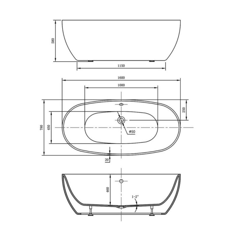 Ванна акриловая Vincea VBT-405-1600, 160 x 78 х 58 см, щелевой перелив
