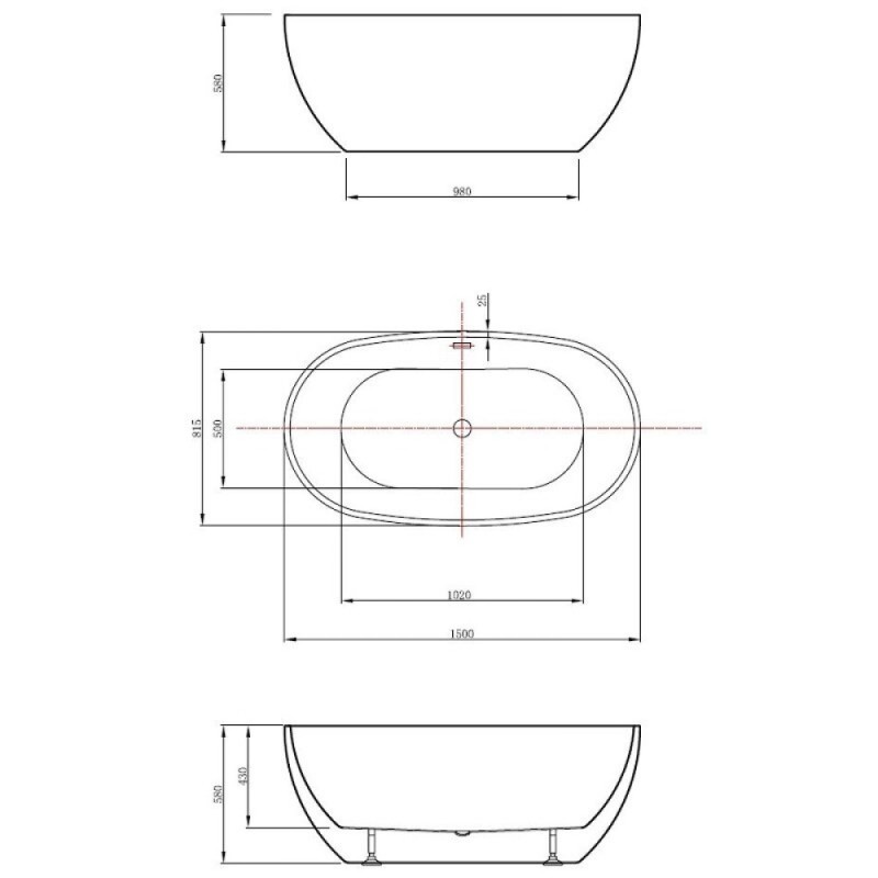 Ванна акриловая Vincea VBT-408-1500, 150 x 80 см, щелевой перелив, цвет белый