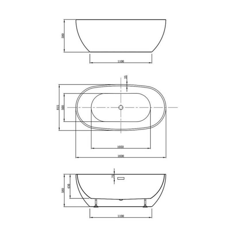 Ванна акриловая Vincea VBT-408-1600 белая 160 x 81.5 см, щелевой перелив