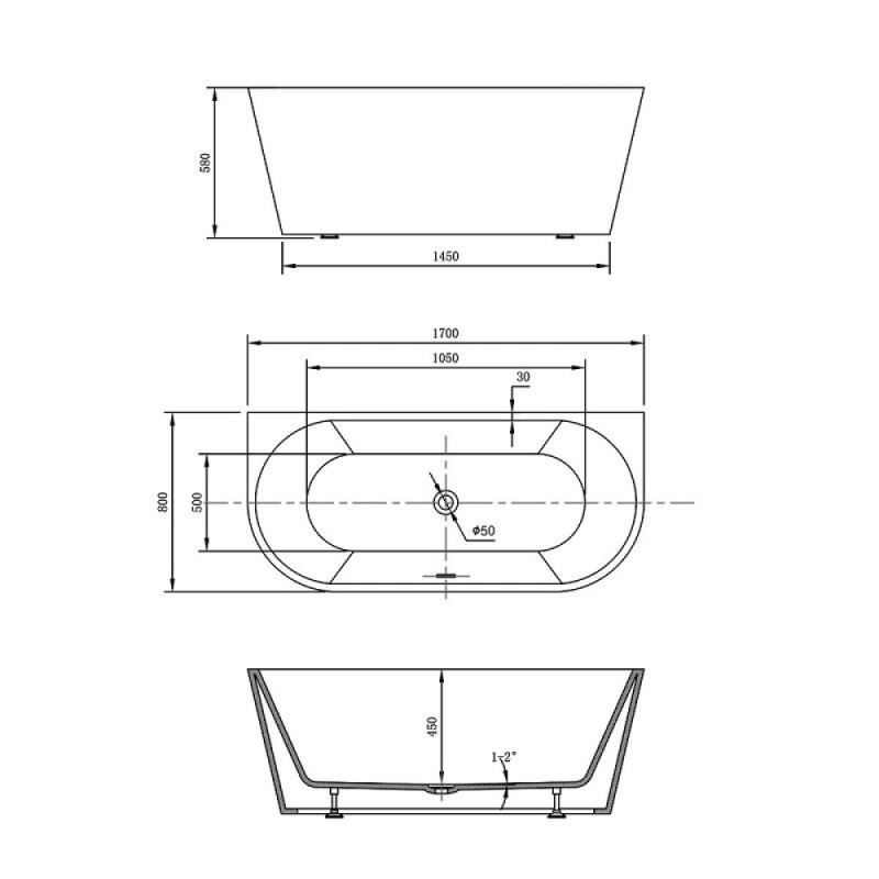 Ванна акриловая Vincea VBT-421-1500, 150 x 75 см, щелевой перелив, цвет белый