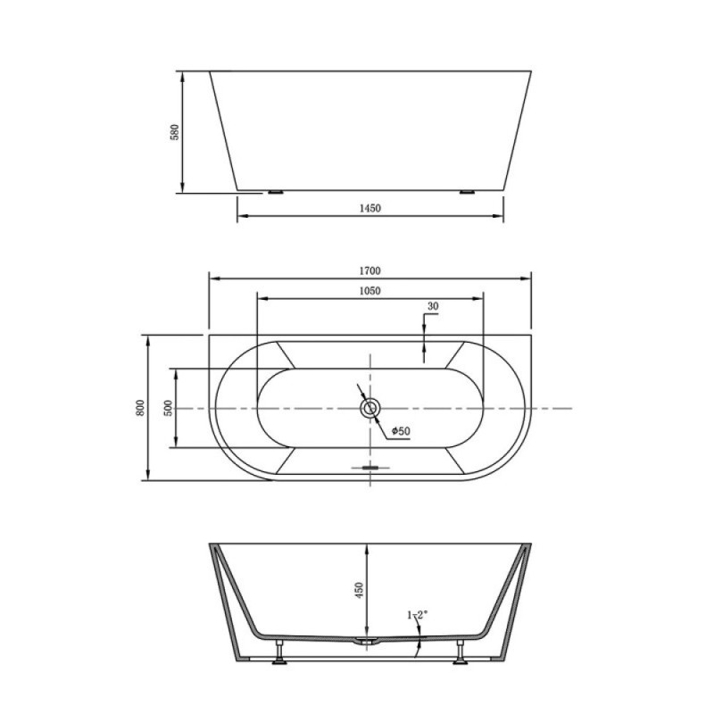 Ванна акриловая Vincea VBT-421-1700, 170 x 80 см, щелевой перелив