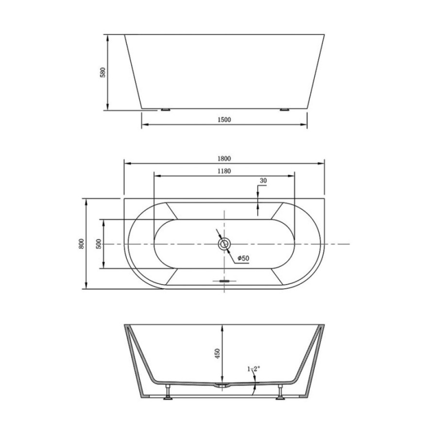Ванна акриловая Vincea VBT-421-1800, 180 x 80 см, щелевой перелив
