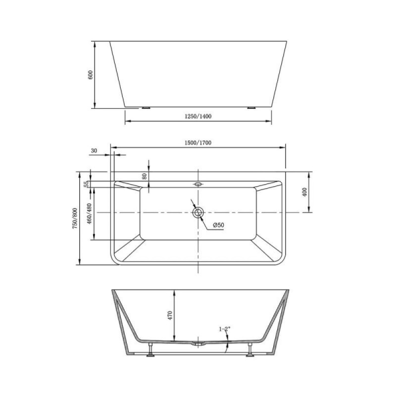 Ванна акриловая Vincea VBT-425-1700, 170 x 80 см, щелевой перелив