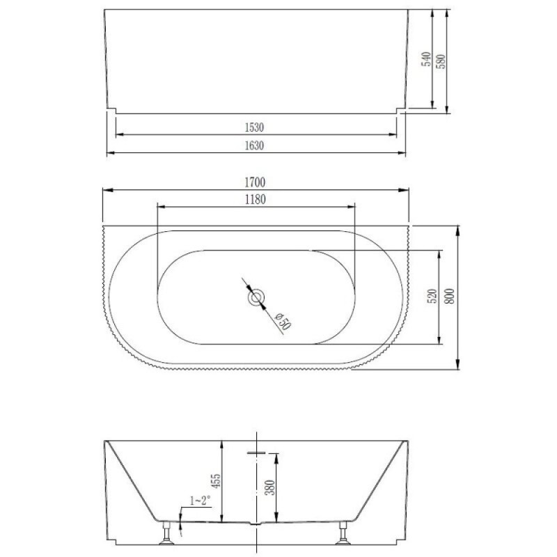Ванна акриловая Vincea VBT-427-1700, 170 x 80 см, щелевой перелив, цвет белый