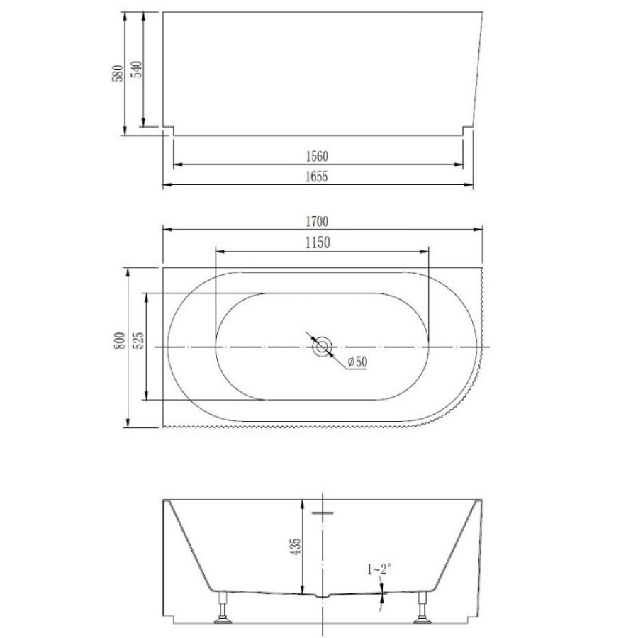 Ванна акриловая Vincea VBT-428-1700L/VBT-428-1700R, 170 x 80 см, слив-перелив в комплекте, левая/правая, цвет белый