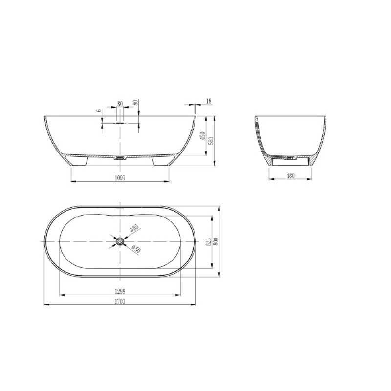 Ванна из искусственного камня Vincea VBT-4S04MW, 170 x 80 см, слив-перелив в комплекте, белый матовый