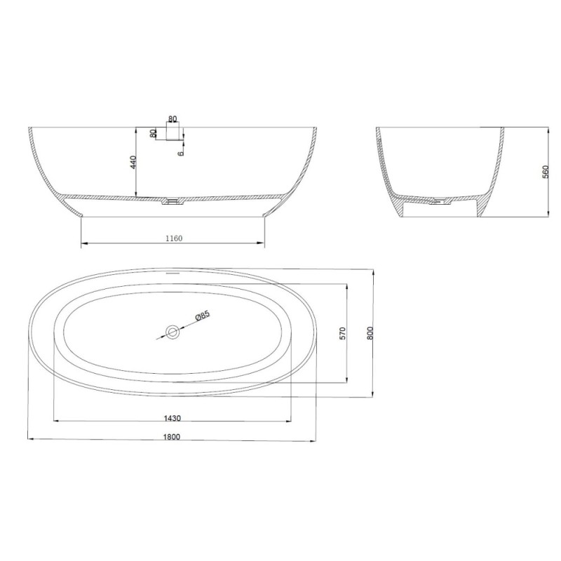 Ванна из искусственного камня Vincea VBT-4S06-1800MW, 1800*800*560, белый мат., слив-перелив в комплекте