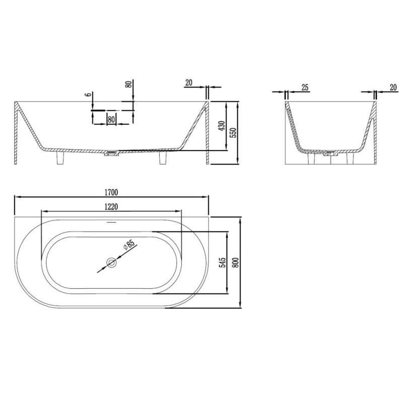 Ванна из искусственного камня Vincea VBT-4S07-1700MW, 1700*800*550, белый мат., слив-перелив в комплекте