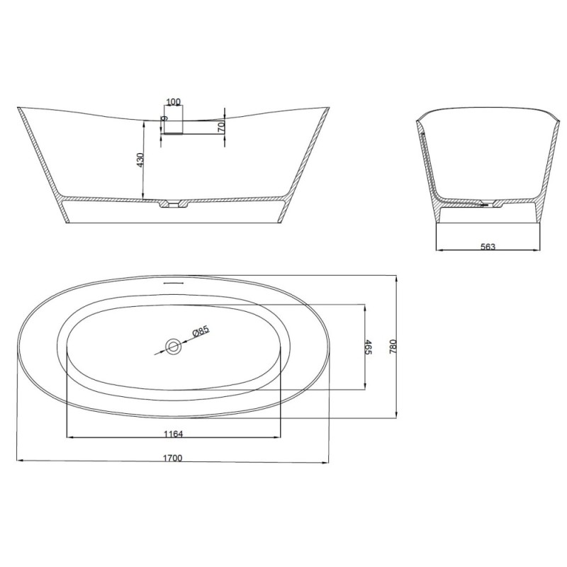 Ванна из искусственного камня Vincea VBT-4S08MW, 1700*780*620, белый мат., слив-перелив в комплекте