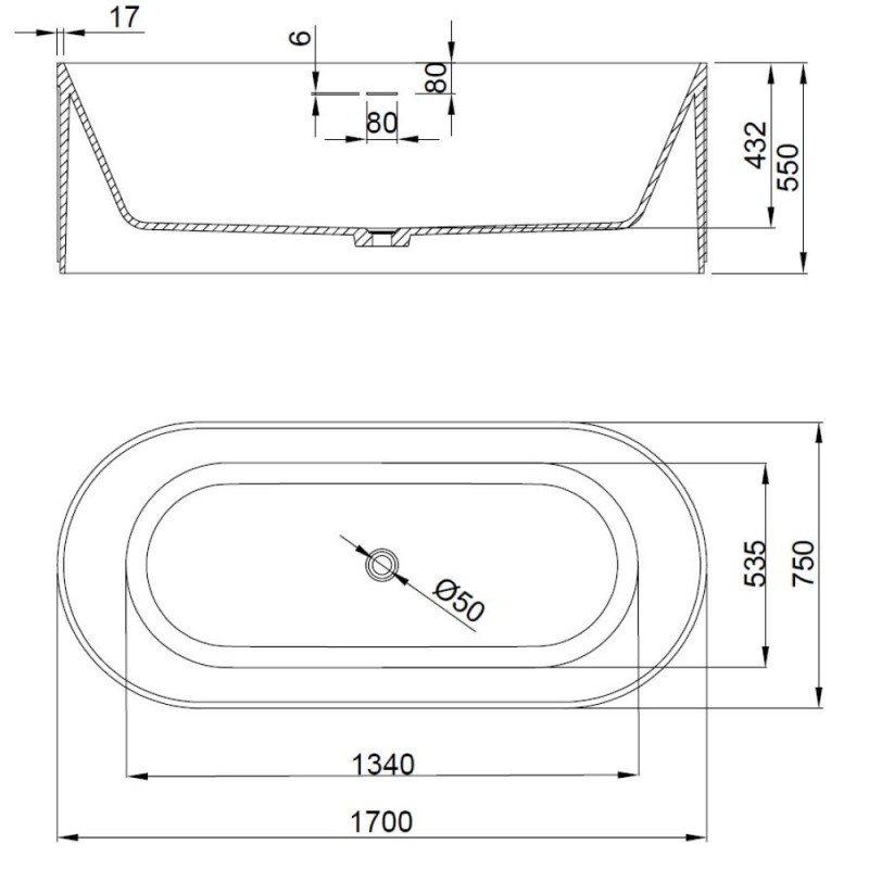 Ванна из искусственного камня Vincea VBT-4S09MW, 1700*750*550, белый мат., слив-перелив в комплекте