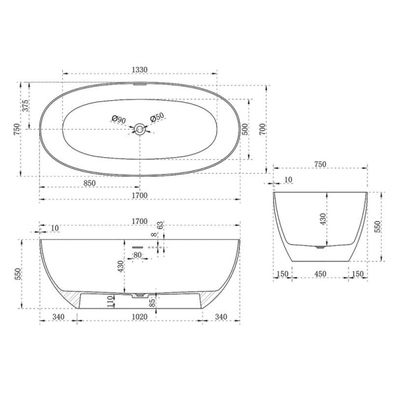 Ванна из искусственного камня Vincea 170 x 75 см, слив-перелив в комплекте, цвет серый/белый матовый, VBT-6S01MG