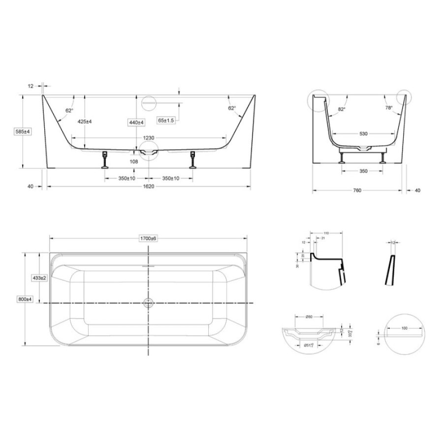 Ванна акриловая Vincea VBT-702-1700, 170 x 80 см, белая