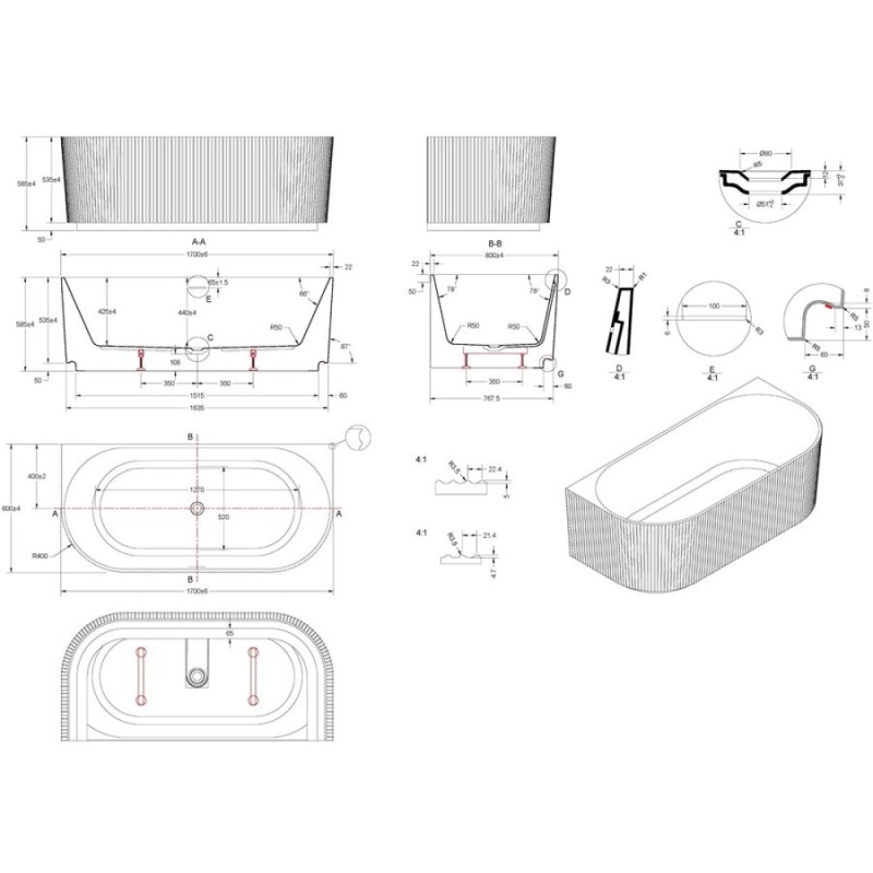 Ванна акриловая Vincea VBT-706-1700, 170 x 80 см, белая