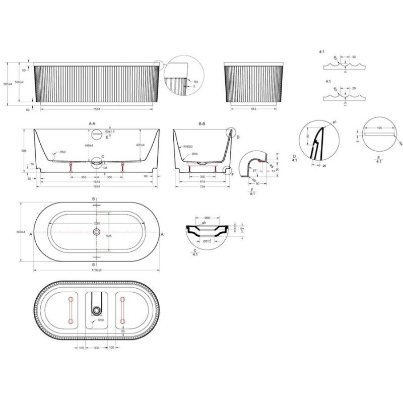 Ванна акриловая Vincea VBT-709-1700, 170 x 80 см, белая