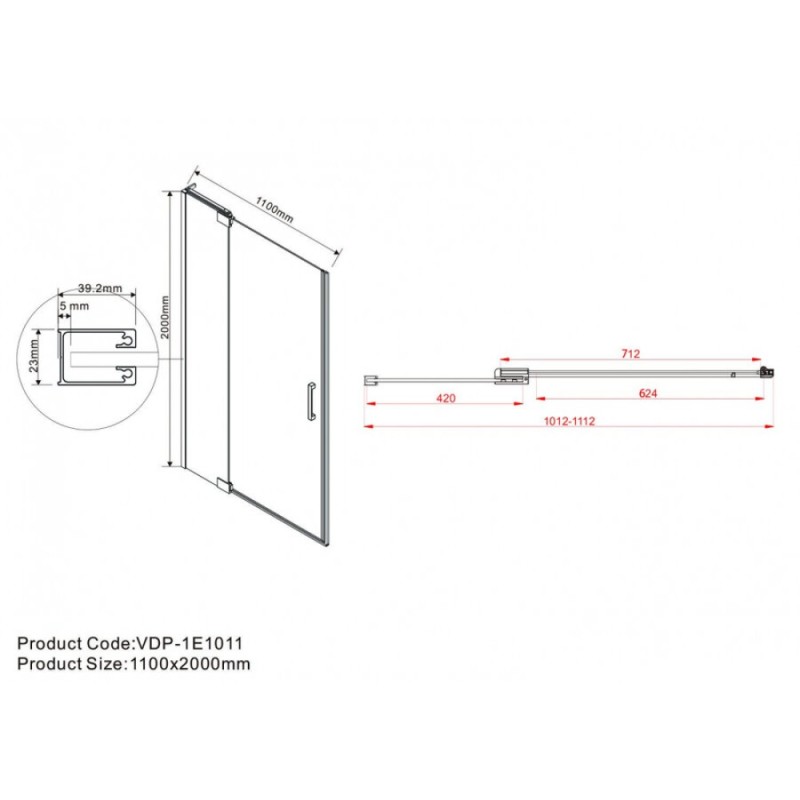 Душевая дверь Vincea Extra VDP-1E, 100/110 см, распашная, стекло прозрачное, профиль черный, VDP-1E1011CLB