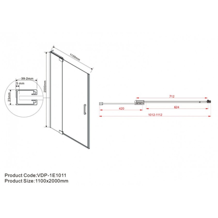 Душевая дверь Vincea Extra VDP-1E, 100/110 см, распашная, стекло прозрачное, профиль черный, VDP-1E1011CLB