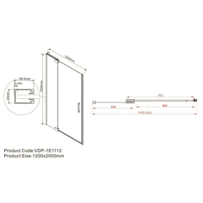 Душевая дверь Vincea Extra VDP-1E 110/120 см распашная, стекло прозрачное, профиль черный, VDP-1E1112CLB