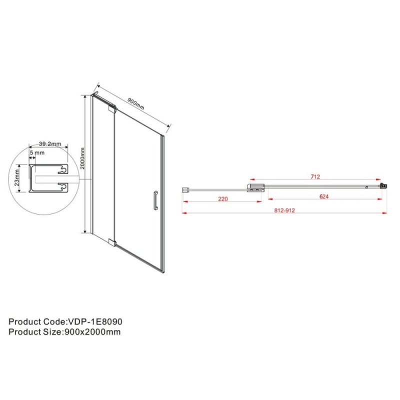 Душевая дверь Vincea Extra, 80/90 см, стекло прозрачное, профиль черный, VDP-1E8090CLB