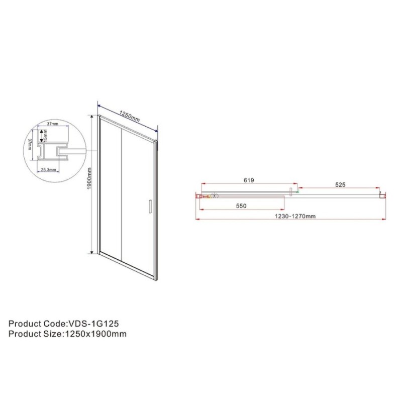 Душевая дверь Vincea Garda 125 см, стекло прозрачное, профиль черный, VDS-1G125CLB