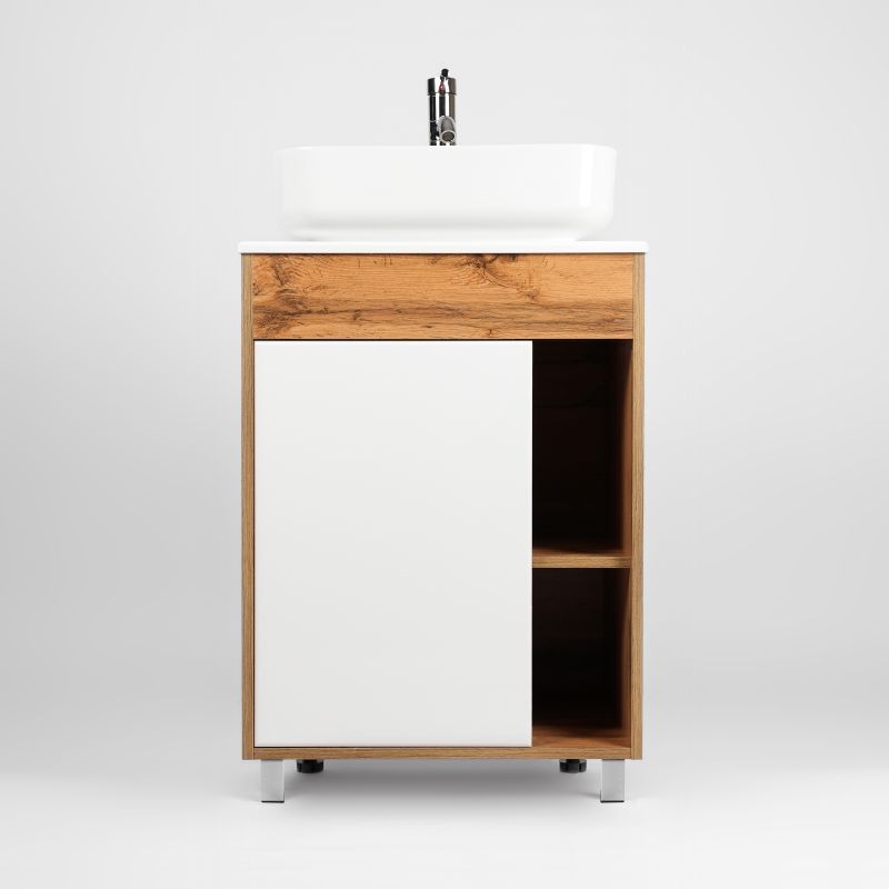 Тумба под раковину Viant Бостон 56 см, напольная, со столешницей, цвет белый, дуб вотан, VBOS56N-T1ST