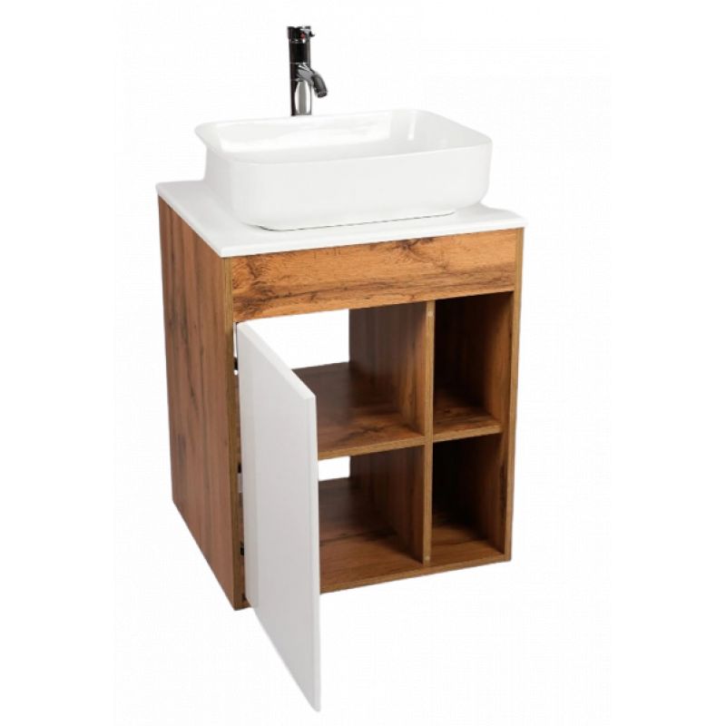 Тумба под раковину Viant Бостон 65.5 см, подвесная, со столешницей, цвет белый, дуб вотан, VBOS65N-T1STP