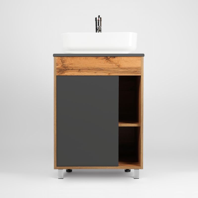 Тумба под раковину Viant Бостон 56 см, напольная, со столешницей, цвет графит, дуб вотан, VBOS56NG-T1ST