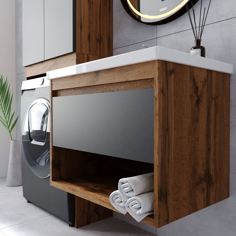Тумба под раковину Viant Бостон 50 см, подвесная, цвет графит, дуб вотан, VBOS50COG-T1YP