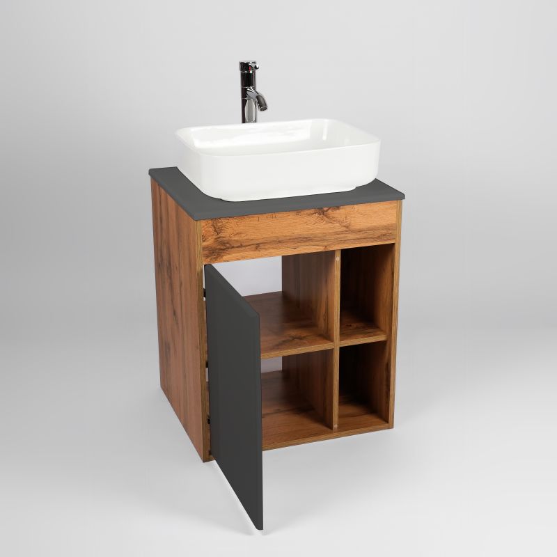 Тумба под раковину Viant Бостон 65.5 см, подвесная, со столешницей, цвет графит, дуб вотан, VBOS65NG-T1STP