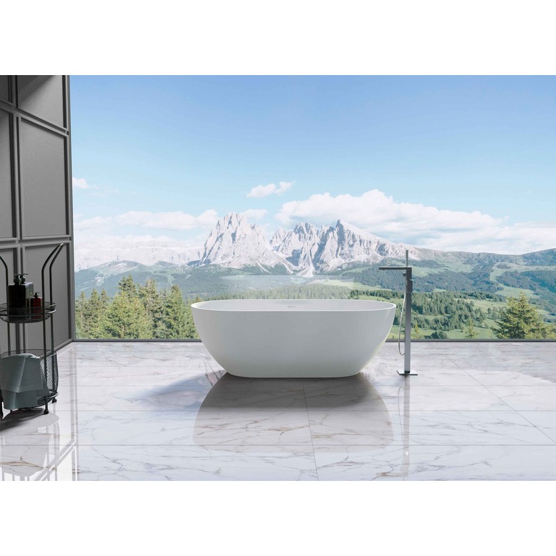 Ванна из искусственного камня Vincea VBT-4S04MW 170x80 см, отдельностоящая, матовая белая, овальная, со сливом-переливом, с донным клапаном