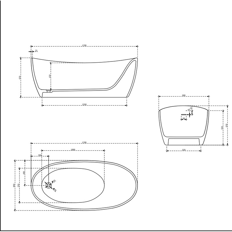 Ванна из искусственного камня Vincea VBT-6S03MW 170x80 см, отдельностоящая, матовая белая, овальная, со сливом-переливом, с донным клапаном