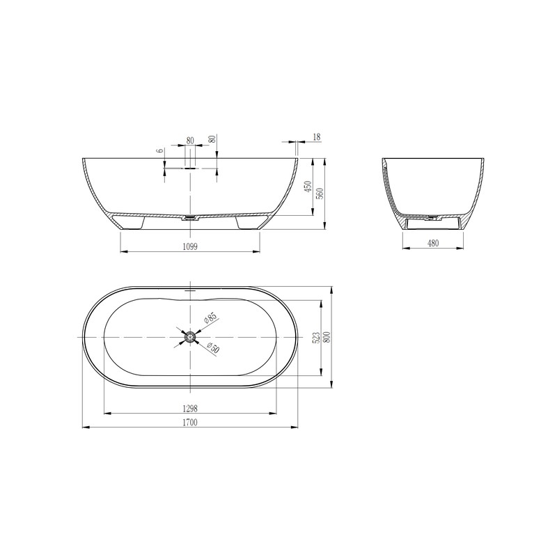 Ванна из искусственного камня Vincea VBT-4S04MW 170x80 см, отдельностоящая, матовая белая, овальная, со сливом-переливом, с донным клапаном