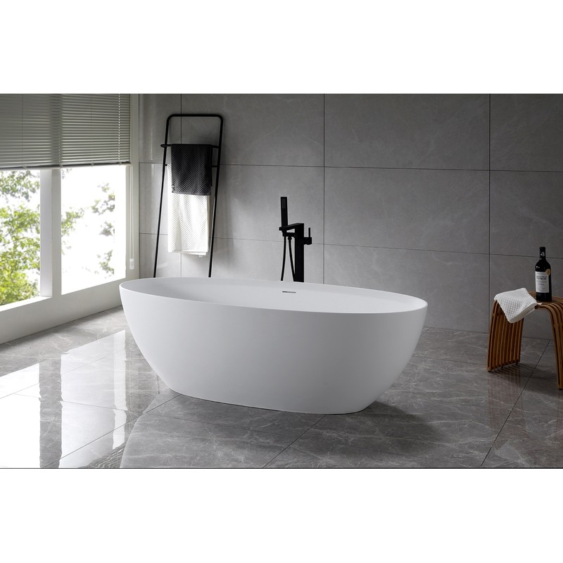 Ванна из искусственного камня Vincea VBT-4S01MW 170x75 см, отдельностоящая, матовая белая, овальная, со сливом-переливом, с донным клапаном