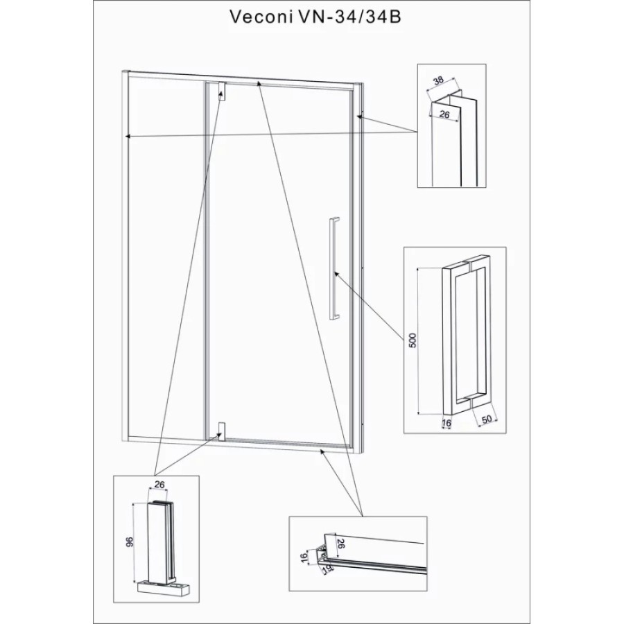 Душевая дверь Veconi Vianno 120 см распашная, стекло прозрачное, профиль хром, VN34-120-01-C7