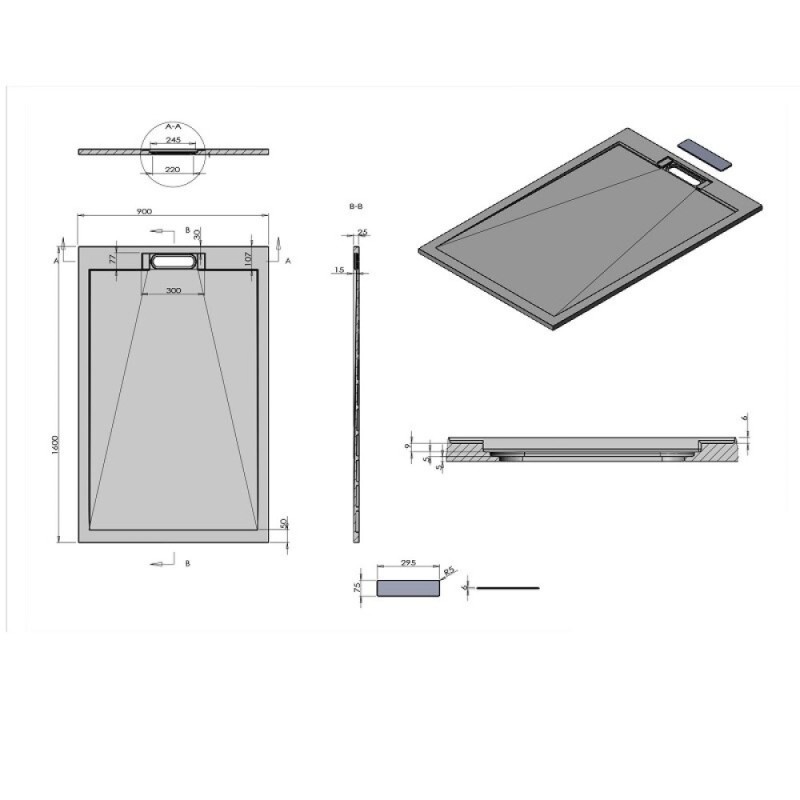 Душевой поддон Vincea VST-4SRL9016A, 160 x 90 см, прямоугольный, искусственный камень, антрацит