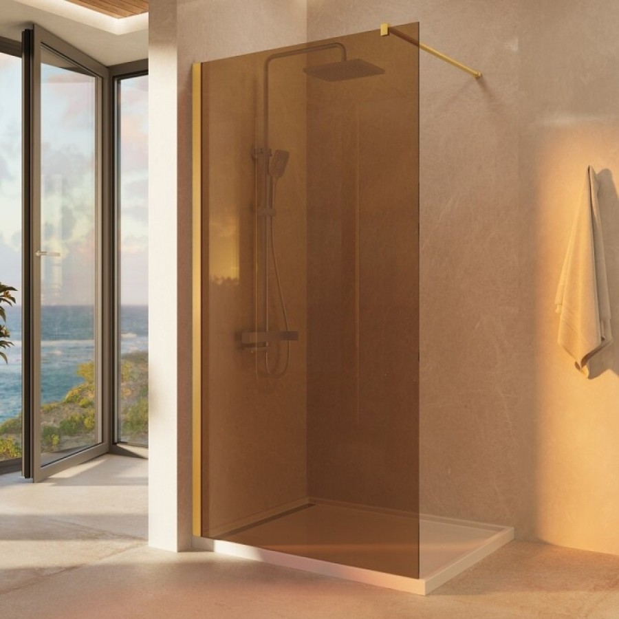 Душевая стенка Vincea Walk-In VSW-1H100GSG, 100 см со свободным входом, стекло янтарь, профиль матовый золотой