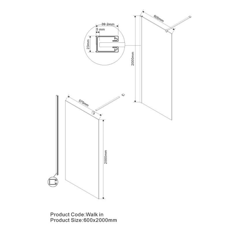 Душевая стенка Vincea Walk-In 60 см со свободным входом, стекло прозрачное, профиль черный матовый, VSW-1H600CLB