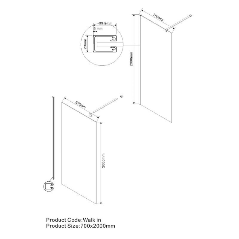 Душевая стенка Vincea Walk-In 70 см со свободным входом, стекло прозрачное, профиль черный матовый, VSW-1H700CLB