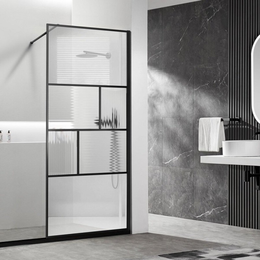 Душевая стенка Vincea Walk-In, 90 см, стекло прозрачное/рифленое, профиль черный матовый, VSW-1HC900CFB