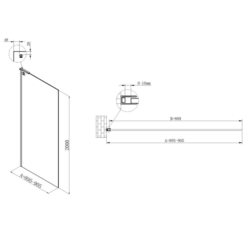 Душевая стенка Vincea Walk In VSW-7HA900CLB, 90 см со свободным входом, стекло прозрачное, профиль черный