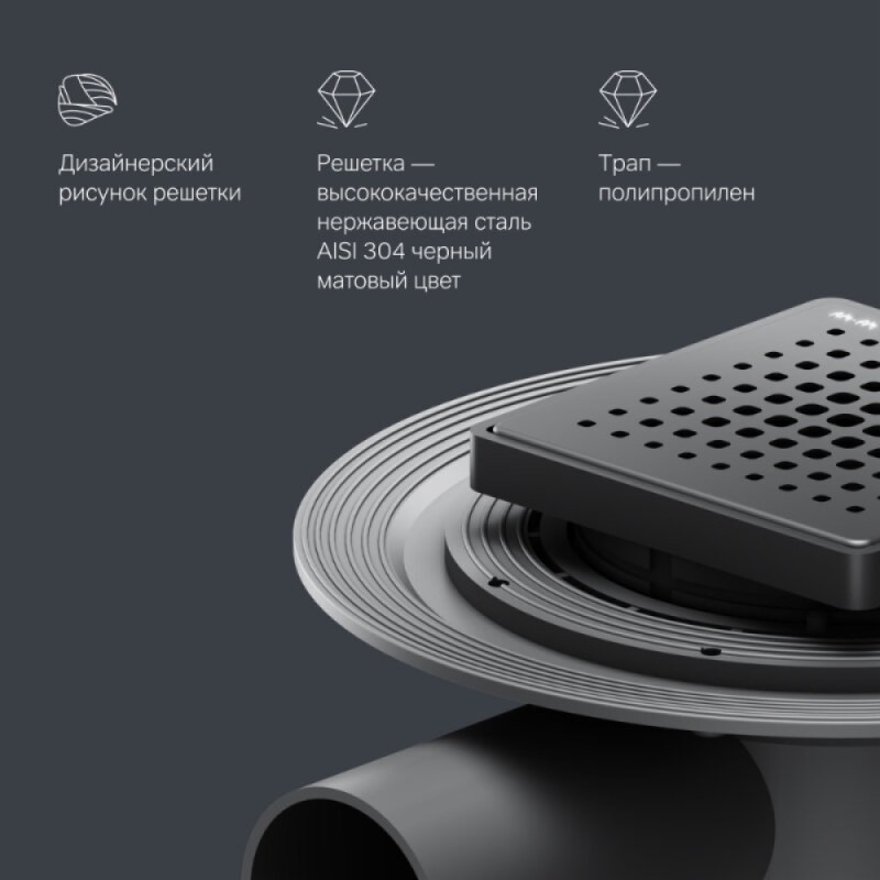 Дренажный трап Am.Pm MasterFlow W01BD-P11-010-01BM, 10 см, с перфорированной решеткой, цвет черный матовый