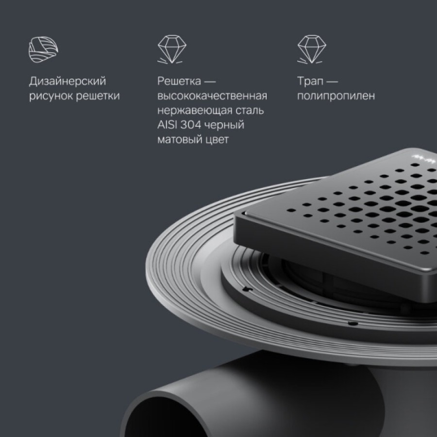 Дренажный трап Am.Pm MasterFlow W01BD-P11-010-01BM, 10 см, с перфорированной решеткой, цвет черный матовый